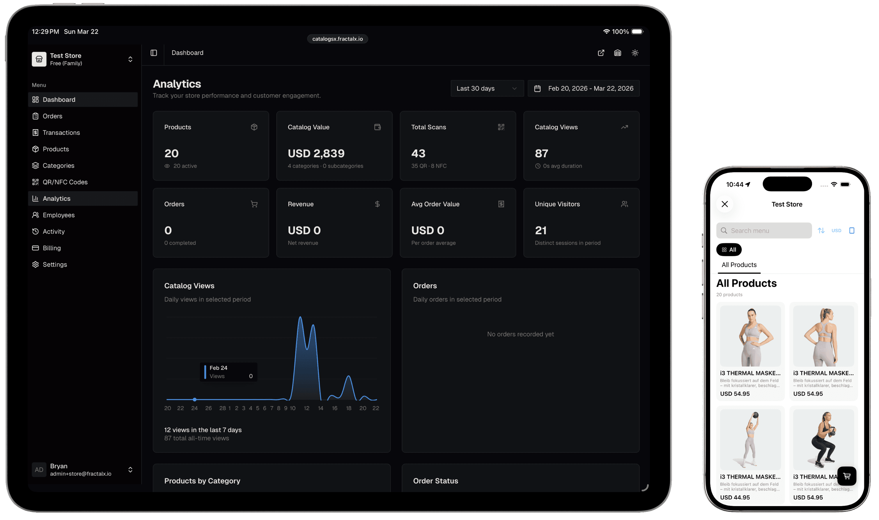 CatalogsX dashboard on tablet and product catalog on phone